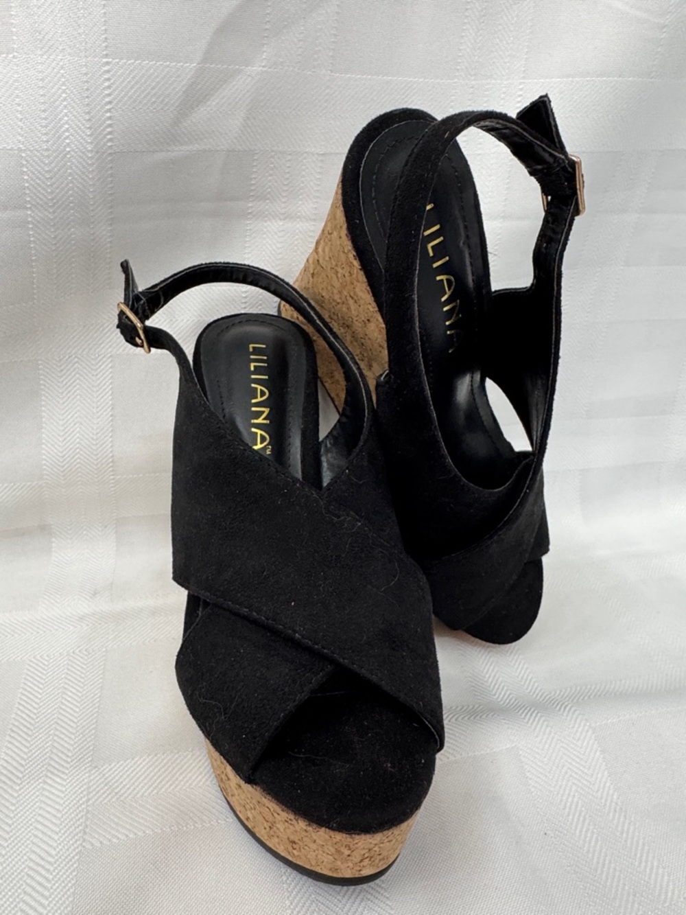 NWOB Liliana Black Faux Suede Cork Platform Wedge Sandals